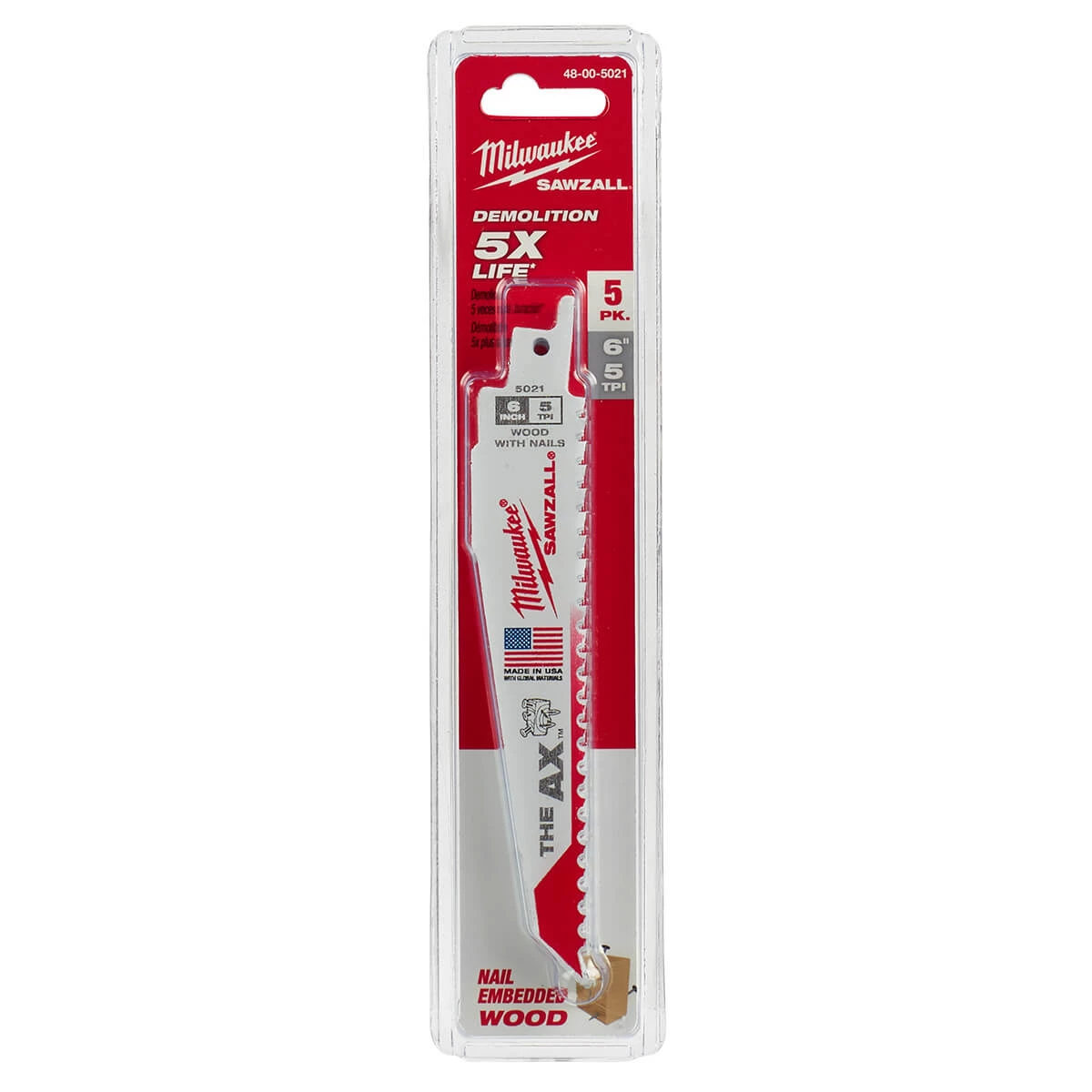 Milwaukee 48-00-5021 - The AX Nail Embedded Wood Sawzall™ Blades CUTTING ACCESSORIES 5 Milwaukee 48-00-5021 - The AX Nail Embedded Wood Sawzall™ Blades CUTTING ACCESSORIES