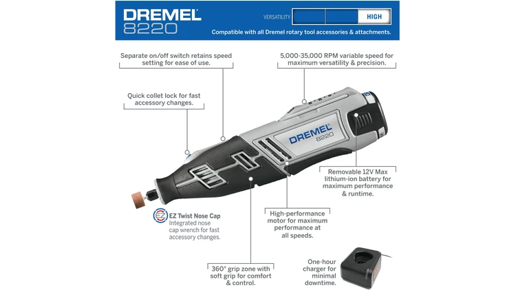 DREMEL 8220-1/28 12V Max Lithium-ion Cordless Rotary Tool Kit 5 DREMEL 8220-1/28 12V Max Lithium-ion Cordless Rotary Tool Kit