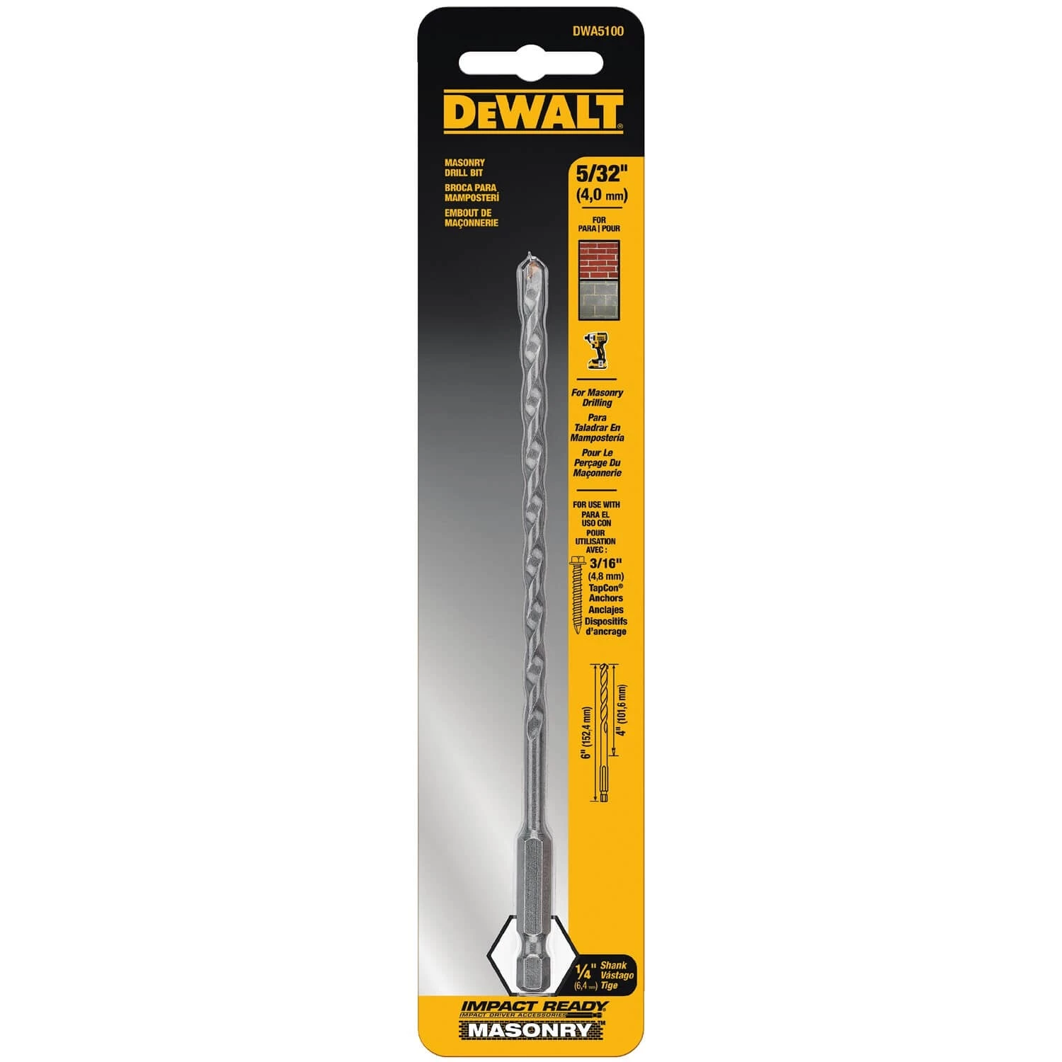 Dewalt DWA5100 - 5/32X4X6IN IMPACT RDY MASONRY BIT 4 Dewalt DWA5100 - 5/32X4X6IN IMPACT RDY MASONRY BIT
