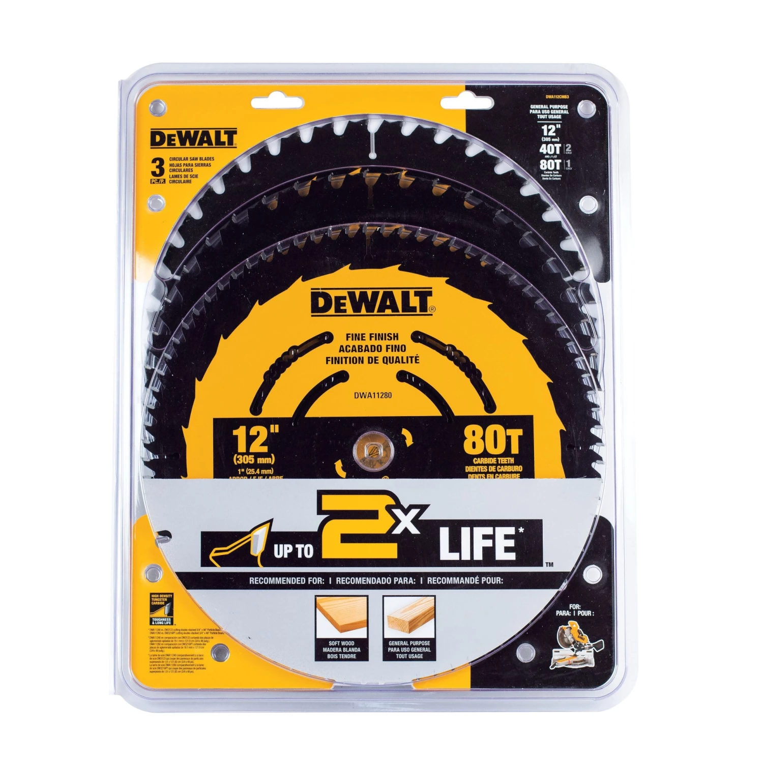 DeWalt DWA112CMB3 - ONE BLADE 12 IN 80T & 2 X 40T SAW BLADE 3 Pc Set WHAT'S NEW 3 DeWalt DWA112CMB3 - ONE BLADE 12 IN 80T & 2 X 40T SAW BLADE 3 Pc Set WHAT'S NEW