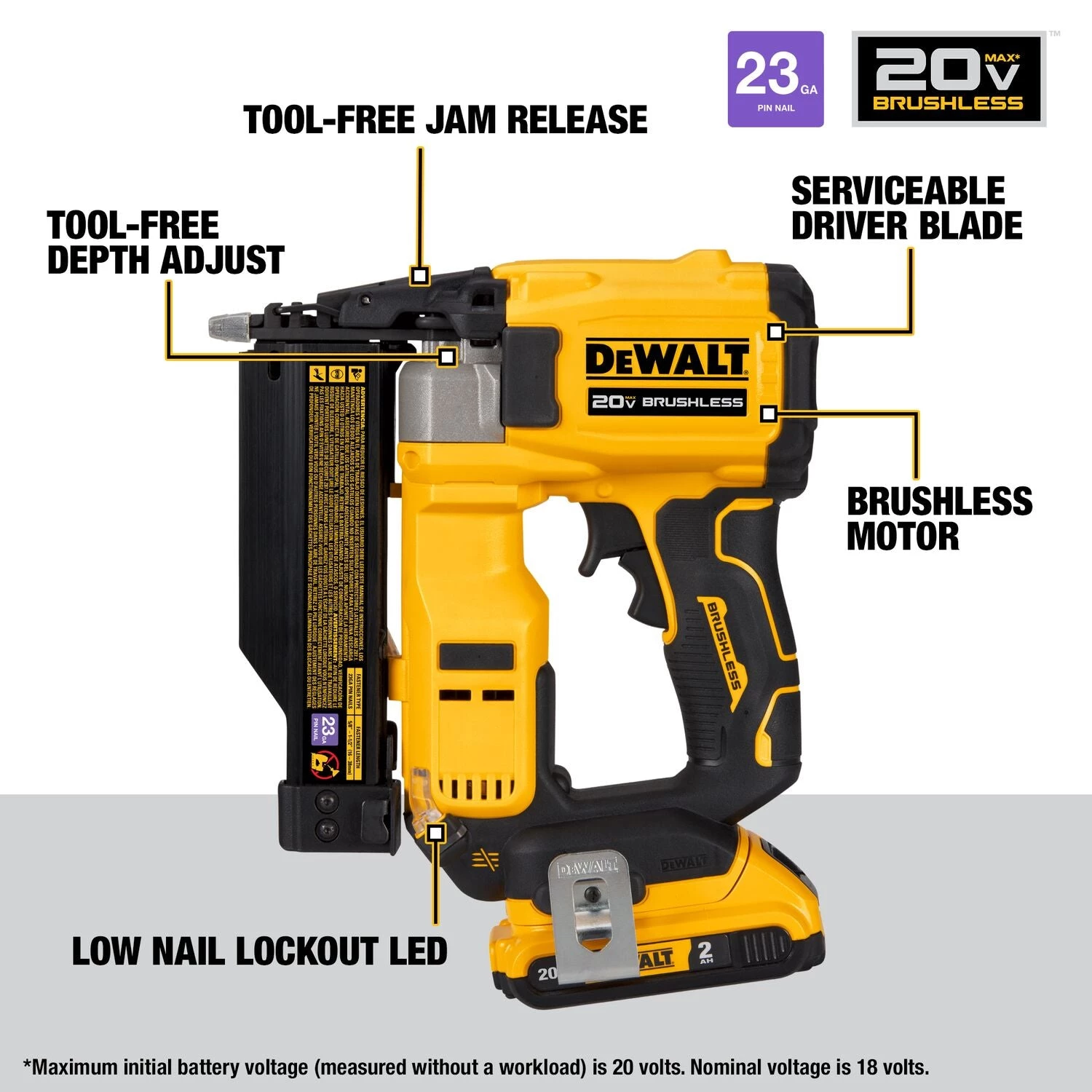 DeWalt DCN623D1 - 20V MAX XR, 23 GAUGE PIN NAILER - (2.0AH) W/ 1 BATTERY AND BAG SALE 11 DeWalt DCN623D1 - 20V MAX XR, 23 GAUGE PIN NAILER - (2.0AH) W/ 1 BATTERY AND BAG SALE