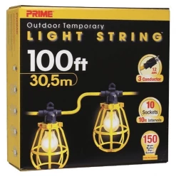 LIGHTING Prime LSUGM1835 - 100ft. 12/3 SJTW U-Ground 10-Light Strings W/Cages